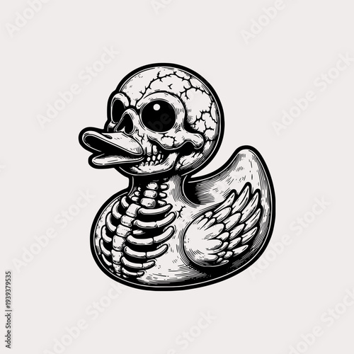 Rubber Duck Skeleton Illustration in Gothic Tattoo Style