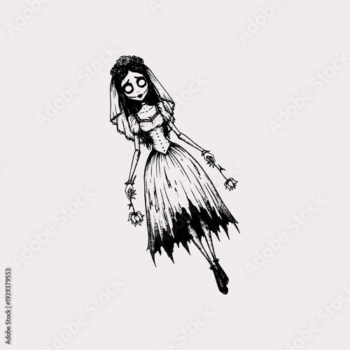 Hand Drawn Gothic Bride Illustration with tattered Dress and Veil