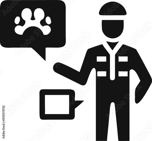 Professional Person Discussing Pet Care Services with Speech Bubble Indicating Animal Paws