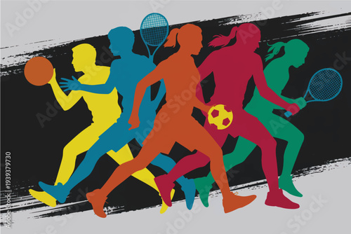 A stylized artistic illustration of five athletes in motion, arranged in a horizontal composition against a dark gray background with paint-like brush strokes.  