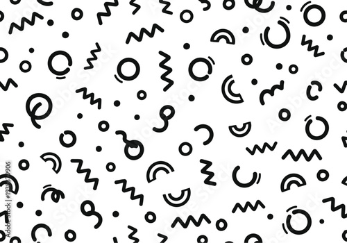 Abstract black and white memphis style geometric shapes pattern background