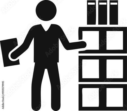 Professional person organizing important files and documents on a modern office shelf or cabinet