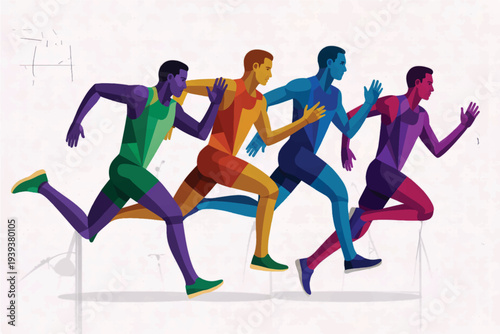 A stylized illustration of four runners in motion, rendered in a geometric, abstract style with different colored segments.  