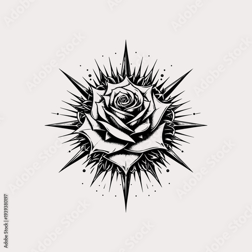Detailed rose with sharp thorns and textured leaves