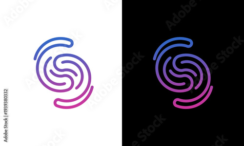 Abstract spiral logo design with blue and pink gradient on contrasting white and black backgrounds from a straightforward front view