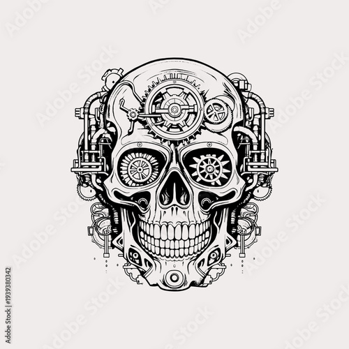 Steampunk human skull with mechanical clockwork gears