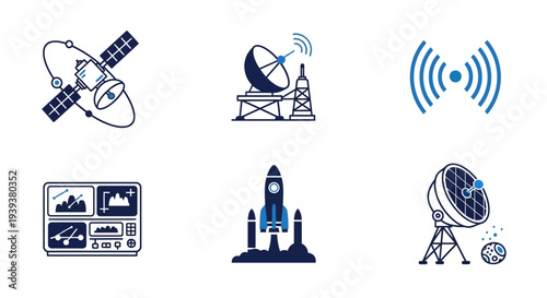 Six blue and white line art icons representing space technology, communication, and scientific exploration, including satellites, rockets, and control panels.
