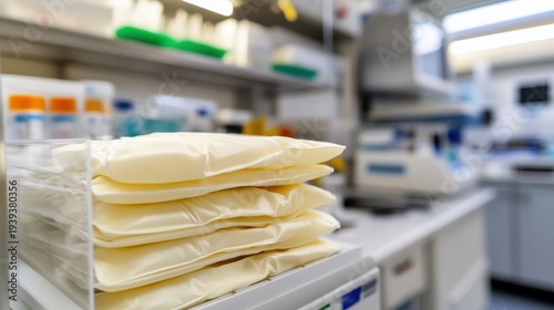 Neatly stacked sterile laboratory gloves on a clean workstation in a scientific facility