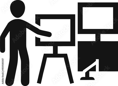 Professional presenter standing beside a display screen with additional monitors for data visualization