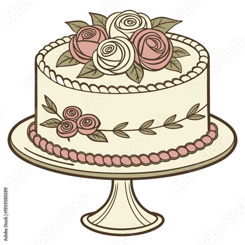 Wedding Cake Stand Rose Decoration Vintage Illustration Transparent Background