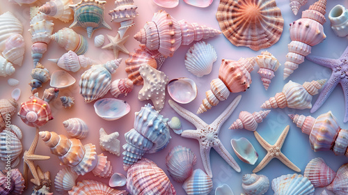 A colorful assortment of seashells and starfish on a pastel background
