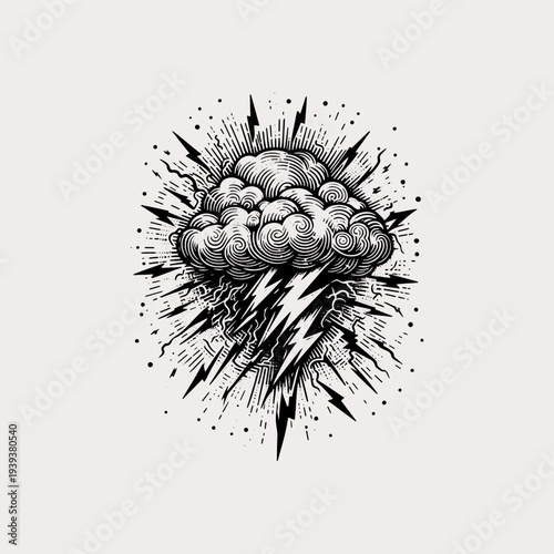 Storm cloud with lightning bolts in vintage woodcut style
