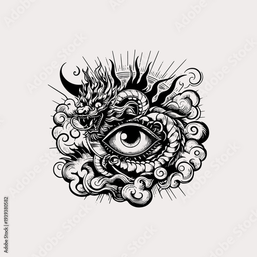 Mythical dragon and all seeing eye with celestial clouds