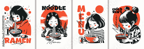 Bright retro posters in a vintage style featuring womans and ramen. Dynamic creative prints on the theme of menus and Asian cuisine