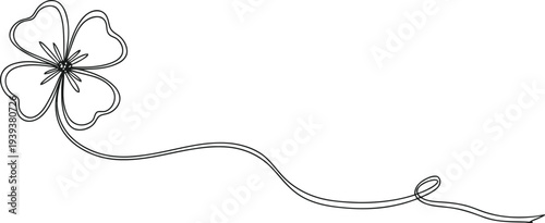 Delicate four leaf clover stem with a flowing line on a white background