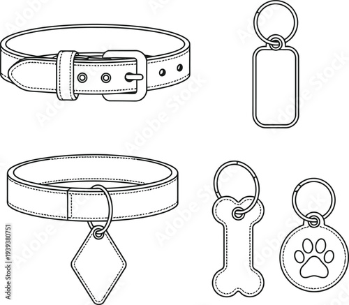 Collection of dog collars and personalized pet id tags with bone and paw print designs
