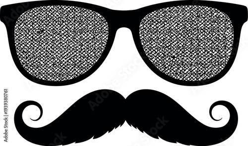Iconic black mustache and hipster style sunglasses on a white and gray background