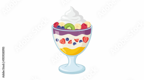An enticing illustration of a fruit parfait topped with cream and colorful fruits, signifying indulgence, culinary artistry, and the joy of desserts and healthy eating.