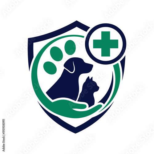 This logo graphic features a shield design showcasing a dog and cat, intertwined with a medical cross symbolizing veterinary care and protection for our beloved pets.