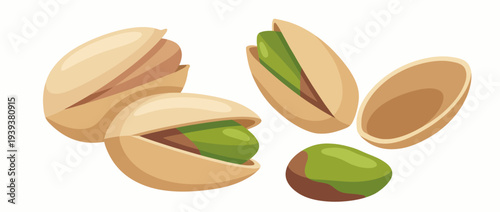 The image captures a realistic depiction of split pistachio nuts, showcasing their vibrant green kernels and light brown shells, emphasizing fresh and healthy snacks.