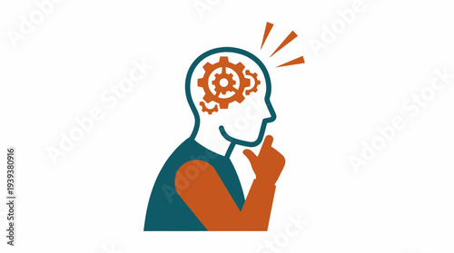 This graphic illustrates a human silhouette with gears emerging from the head, symbolizing creativity, thought process, and problem-solving in a modern, abstract style.
