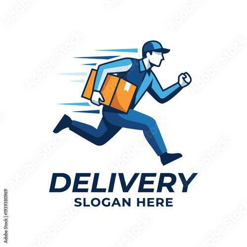 This dynamic illustration features a delivery person running with a package, representing speed and efficiency in courier services for businesses and online shopping.