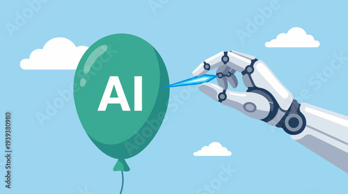 This imaginative illustration shows a robotic hand pricking a balloon labeled AI, symbolizing the intersection of technology and creativity in today's digital landscape.