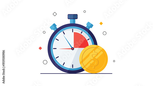 Stopwatch with gold dollar coin illustrates time management, urgency, financial deadlines, and productivity in business.