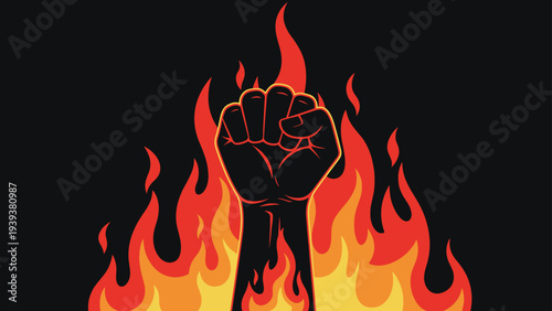 Strong raised fist silhouette stands against a background of intense orange and red flames symbolizing protest and power.