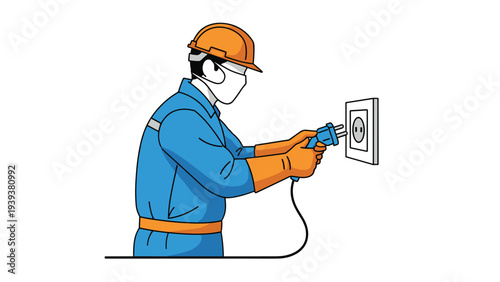 Electrician wearing safety helmet and protective mask connects heavy duty power plug to a wall socket in industrial setting.