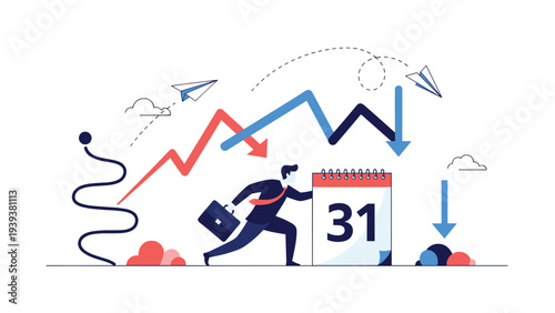 Businessman pushing a large calendar page for the thirty first of the month against fluctuating financial graph lines.