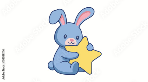 A charming blue bunny holding a star-shaped toy, illustrating innocence and cuteness, perfect for children's illustrations, toys, and all things playful and whimsical.