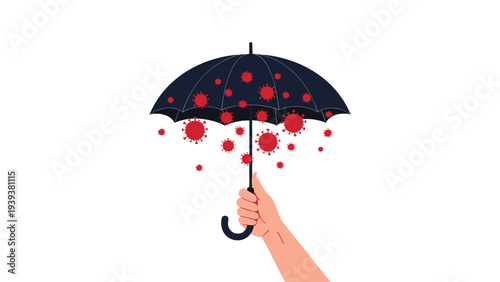 Hand holding a black umbrella provides protection against floating red coronavirus particles symbolizing safety and prevention.
