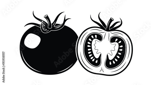 Simple black and white line art depicting a whole ripe tomato next to a half sliced tomato showing seeds inside.