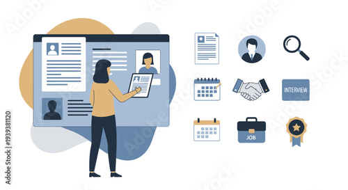 Woman managing online job applications and candidate profiles with recruitment icons.