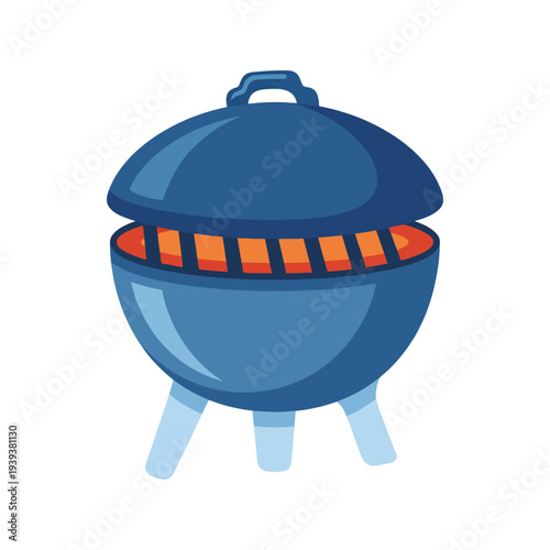 A vibrant blue grill with a smooth finish showcases its grill grates, emitting warmth and inviting friends and family for outdoor cooking and summer gatherings.