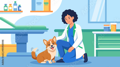 A joyful scene in a veterinary clinic with a smiling vet and a happy corgi captures the essential bond between humans and pets, highlighting care and companionship.