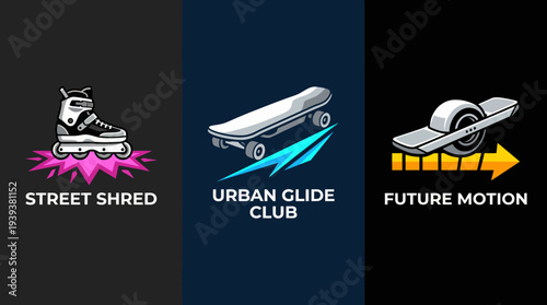 A dynamic collection of skateboarding and rollerblading logos represents active and adventurous youth culture, showcasing the thrill and excitement of urban sports.