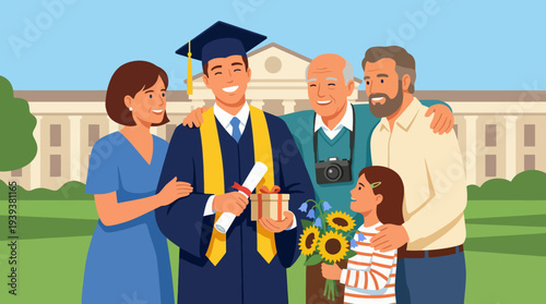 A proud graduate celebrates success surrounded by family, showcasing joy and love, encapsulating milestones and cherished moments in the journey of education.