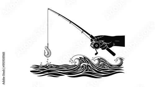Detailed black and white ink drawing of a hand holding a fishing rod with a hook and worm over crashing ocean waves.