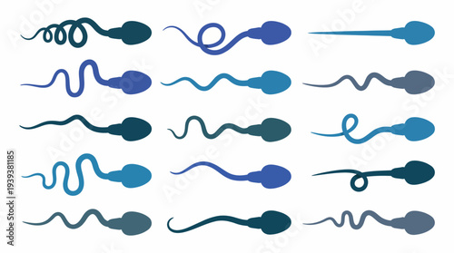 A stylized illustration showcasing various sperm cells in different shapes and shades of blue, symbolizing fertility, reproduction, and the biological aspect of life.