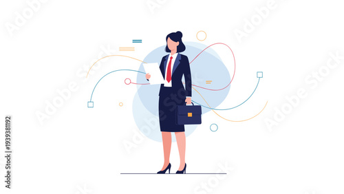 Professional businesswoman in a dark suit holds a document and briefcase standing against a background of abstract curves.