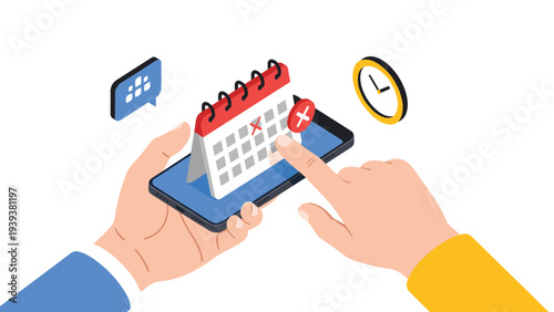Hands holding a smartphone show a calendar app with a red cross marking a cancelled date alongside a clock icon.