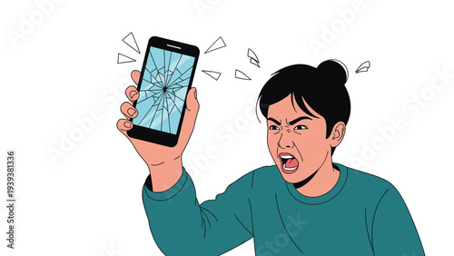 Frustrated woman yells in anger while holding up a black smartphone with a badly shattered and cracked glass screen.