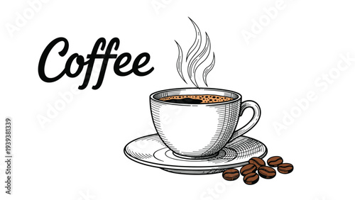Detailed hand-drawn ink sketch of a steaming cup of coffee sitting on a saucer with roasted beans scattered around.
