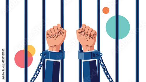 Pair of hands in suit sleeves held in handcuffs behind vertical blue iron prison bars with abstract floating shapes.