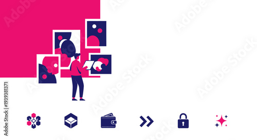 A person interacting with multiple floating digital screens and various technology icons.