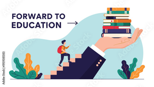 Student climbing stairs toward knowledge and success with a giant hand holding a stack of books for motivation.