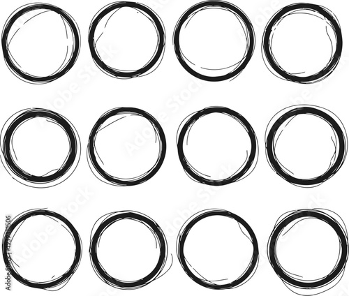 Abstract pattern of twelve hand drawn circles arranged in three rows on white background