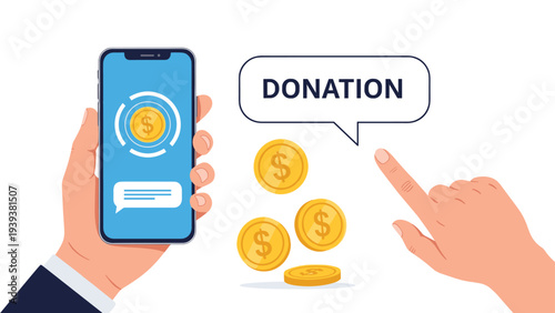 Online donation concept showing hands holding a smartphone with falling dollar coins and messages for social causes.